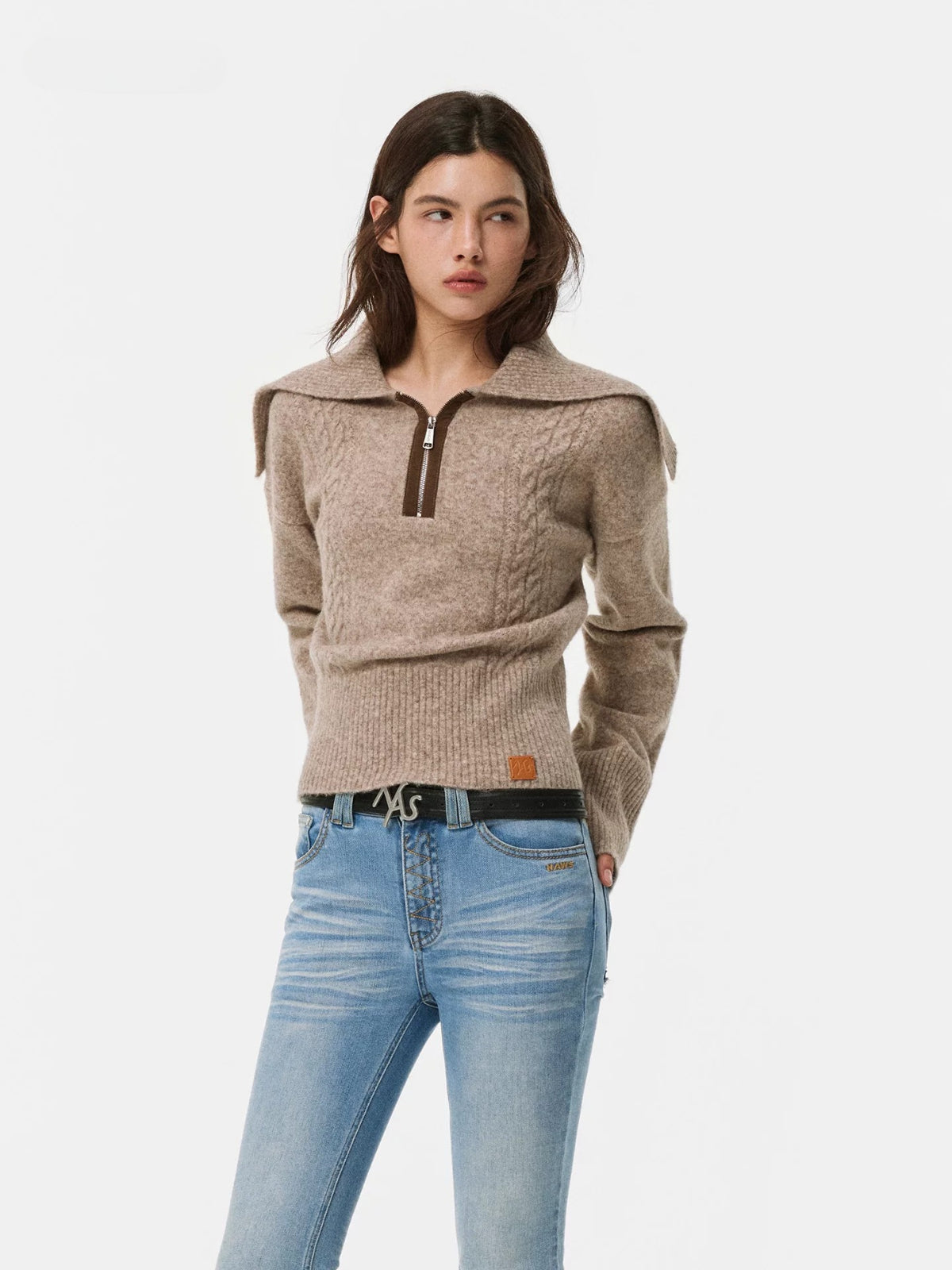 Suede Trim Wool Blend Sweater