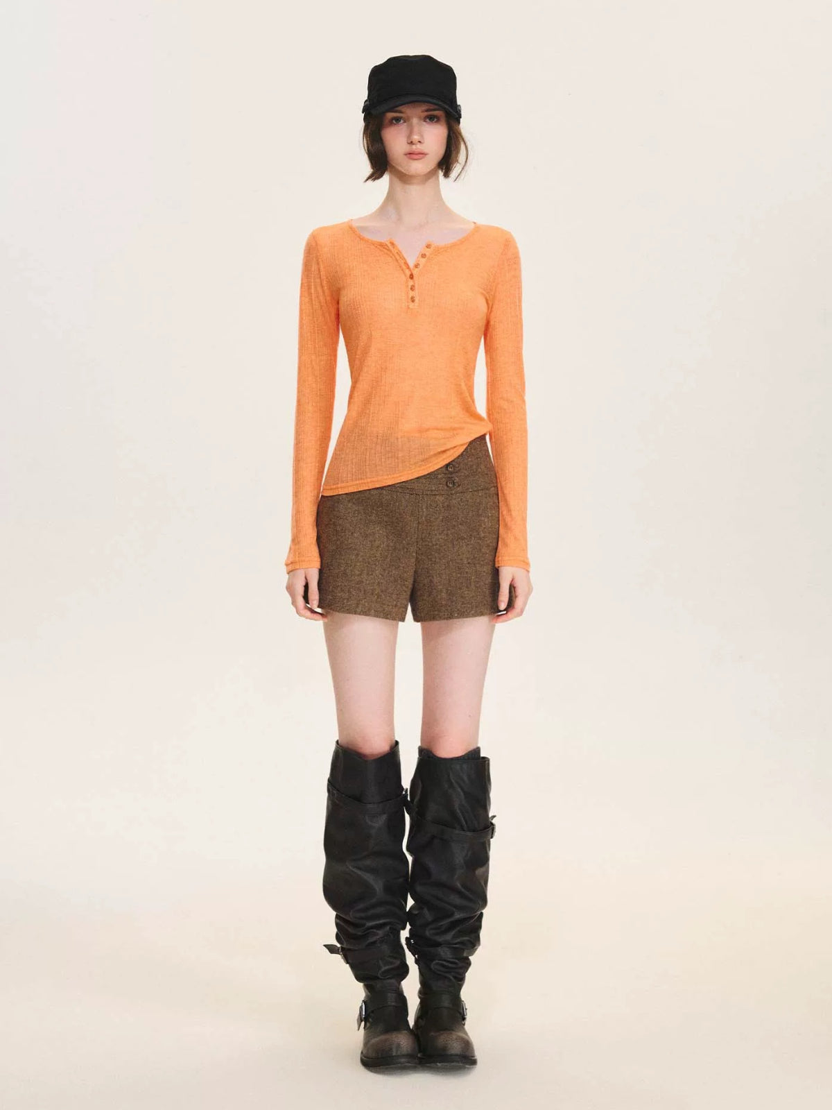 Ribbed Henley Long Sleeve Top
