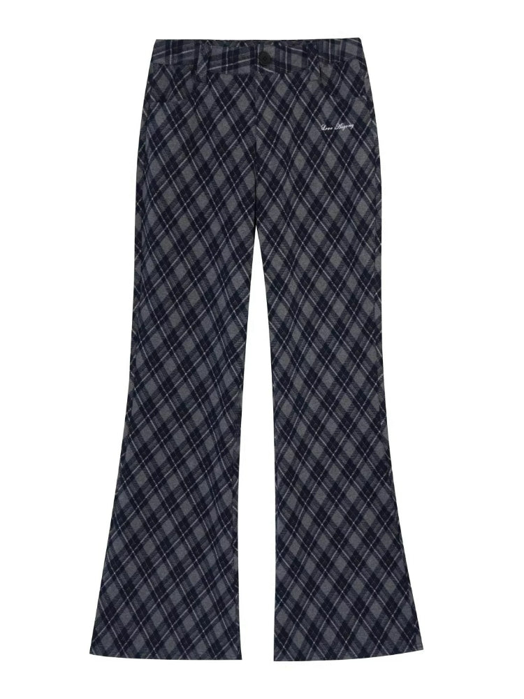 Plaid Embroidery Flared Pants