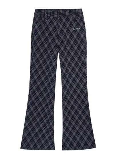 Plaid Embroidery Flared Pants