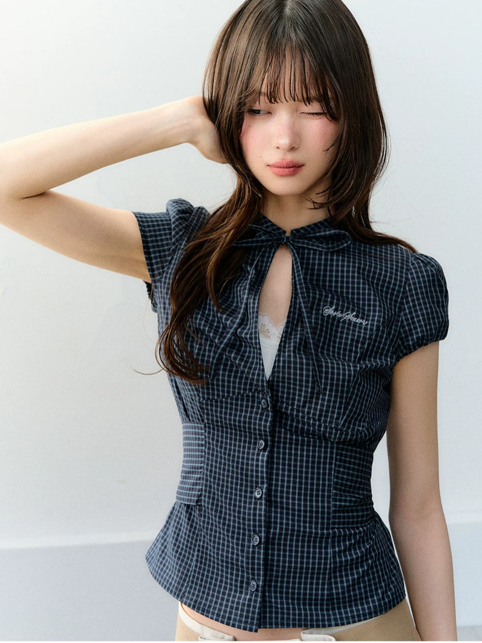 Vintage Plaid Cutout Blouse