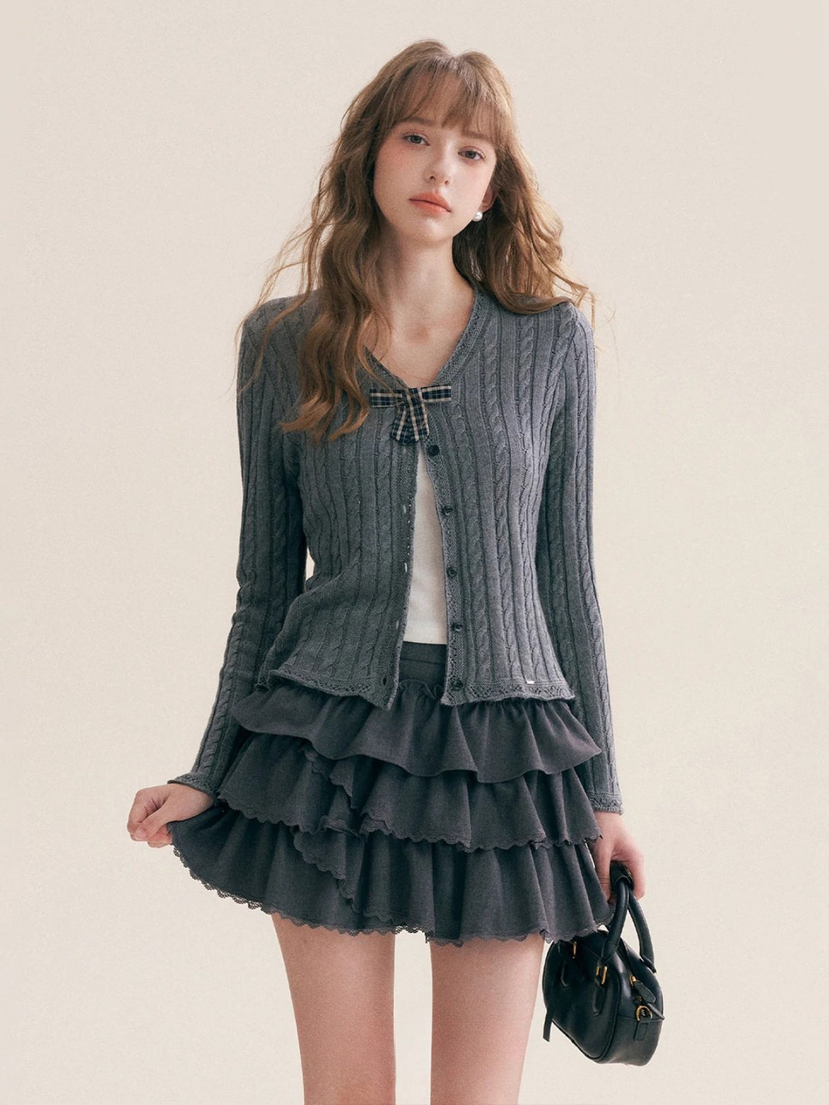 Plaid Bow Knit Cardigan