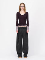 Wool Contrast V Neck Ruched Top