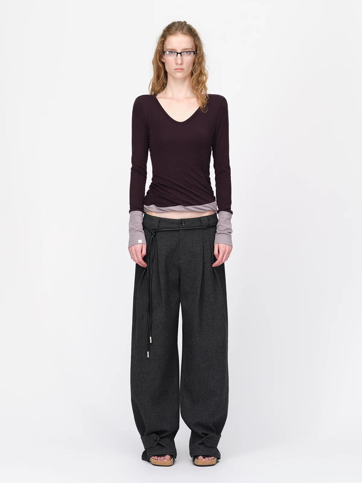 Wool Contrast V Neck Ruched Top