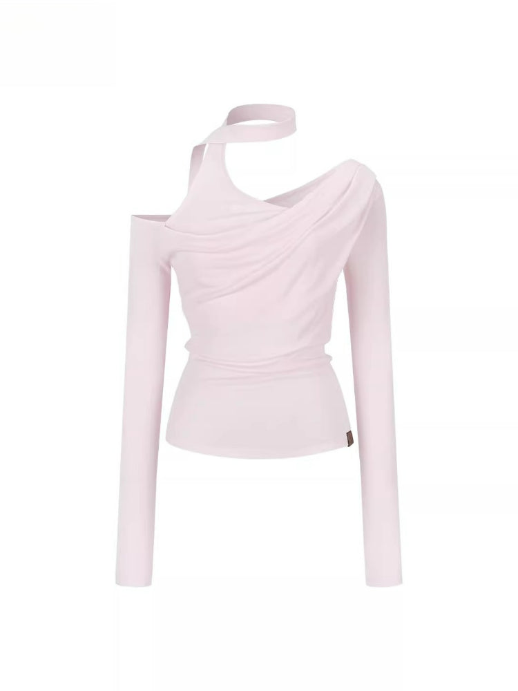 Asymmetrical Ribbon Off-Shoulder Knit Tee