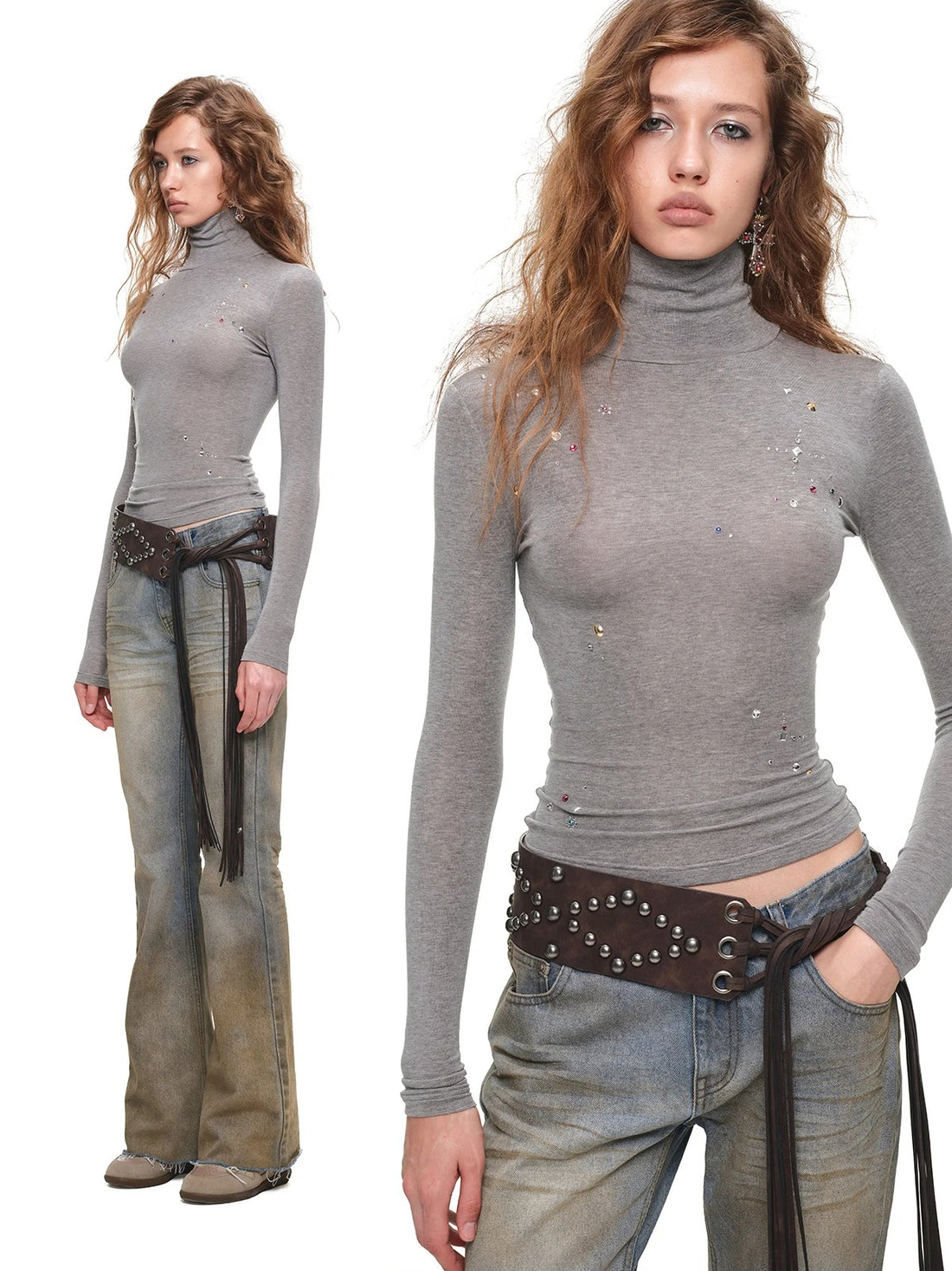 Rhinestone Lyocell Wool Turtleneck Top