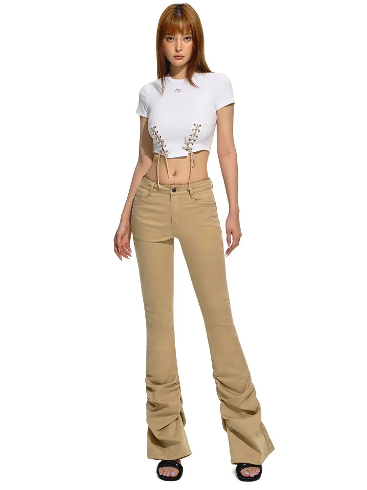 Color-Blocked Belted Straight-Shoulder Short Sleeve Top