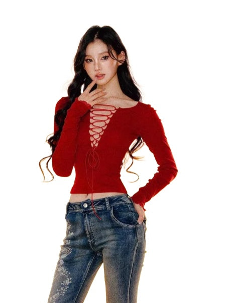 Lace Backless Tie-Up Long Sleeve T-shirt