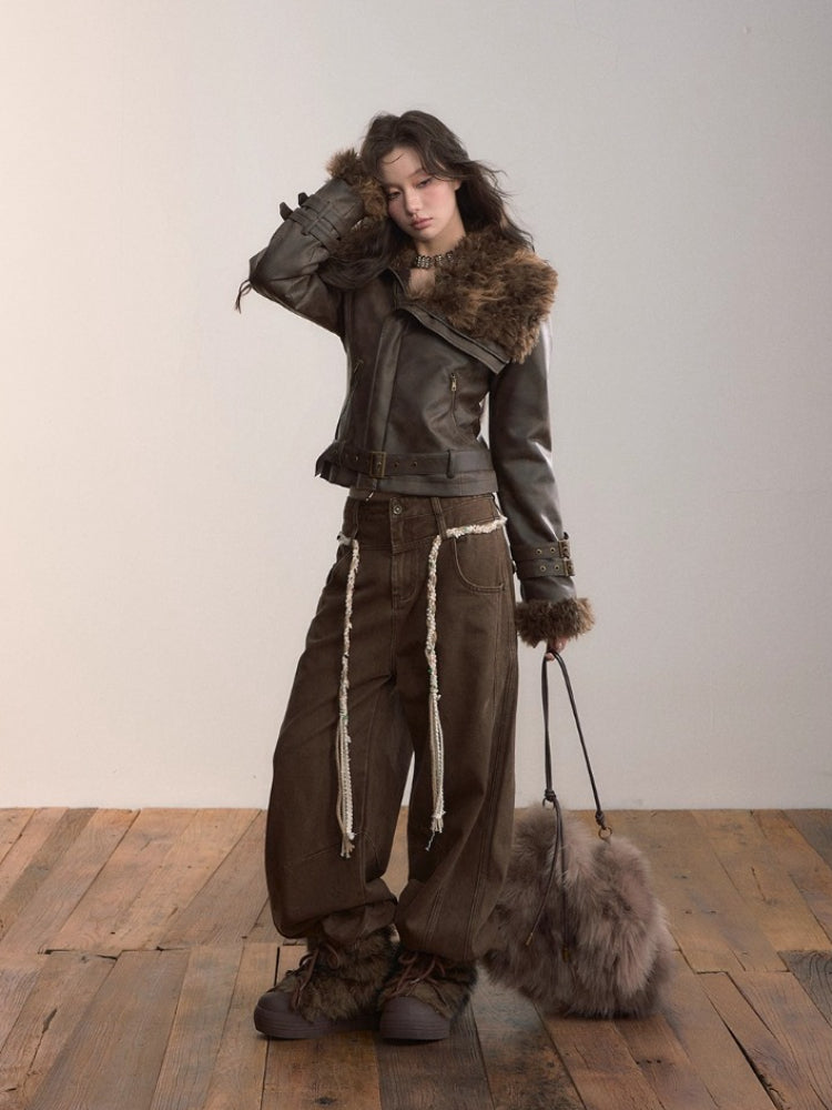 Faux Shearling Fur Collar Short Jacket