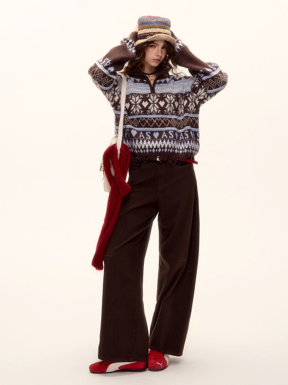 Fair Isle Half-Zip Fringed Knit Sweater