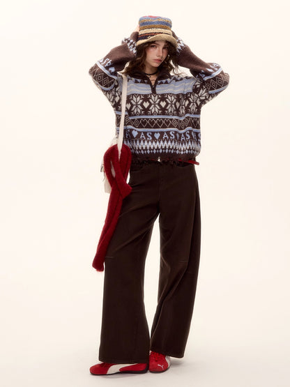 Fair Isle Half-Zip Fringed Knit Sweater