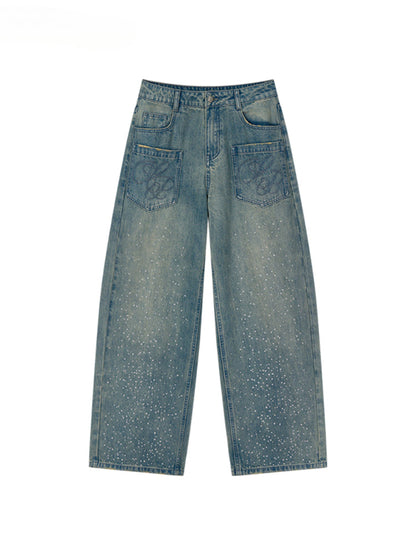 3D Rhinestone Wide-Leg Denim Pants