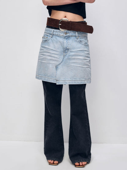 Color Block PatchworkFake Two-Piece Denim Flared Skirt Pants