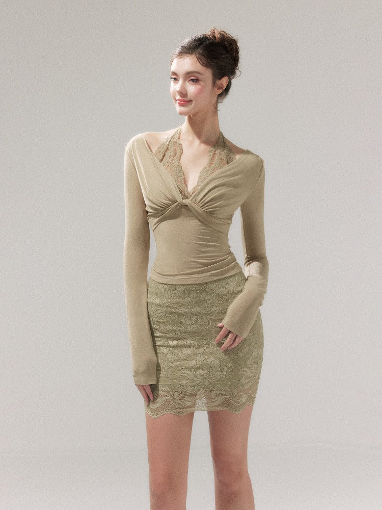 Lace Knit 2-in1 Blouse &amp; Skirt Set