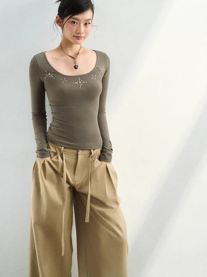 Rhinestone Knit U-Neck Tee