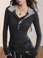 Contrast Collar Lace-Trim Long Sleeve T-shirt