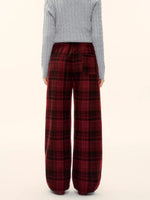 Red Plaid Wool-Blend Drawstring Wide-Leg Pants