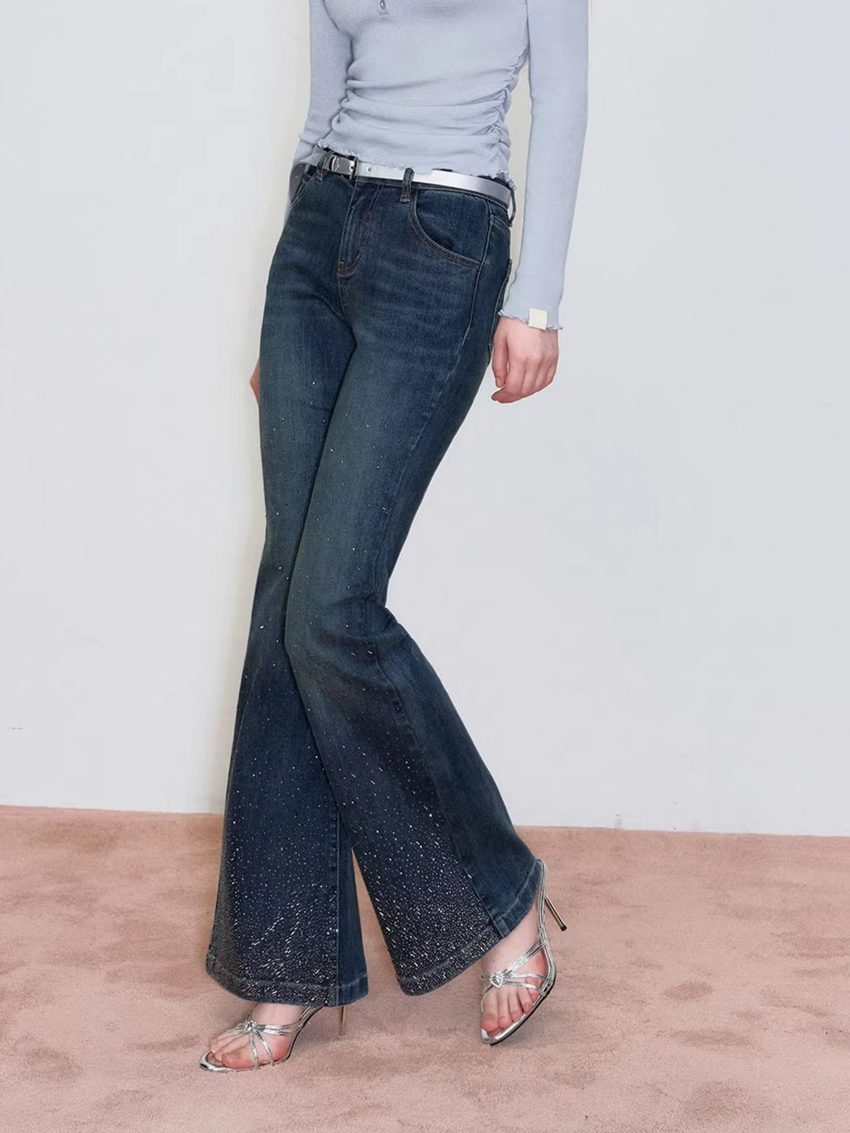 Embroidered Rhinestones Flared Jeans