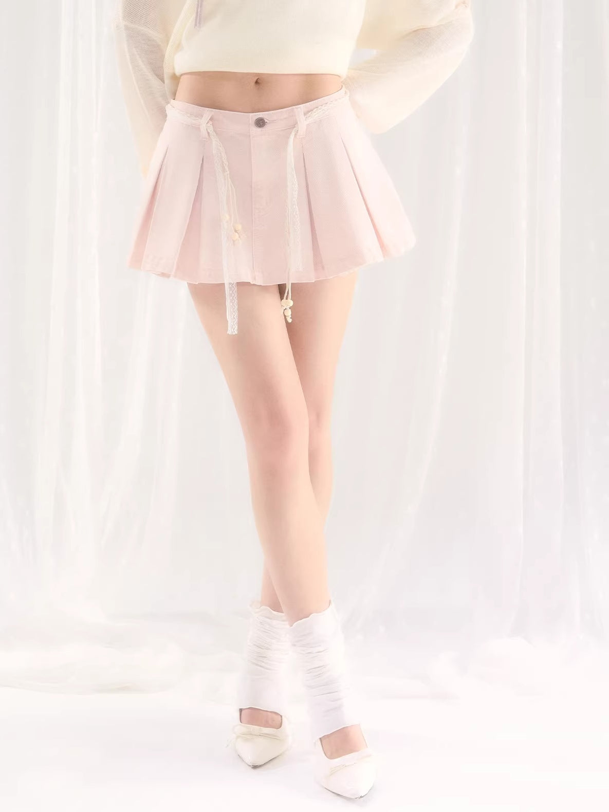 Pink Lace Pleated Denim Skirt