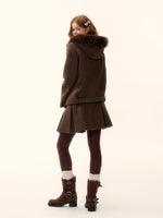 Coffee Hooded Wool Short Jacket & Skirt Set