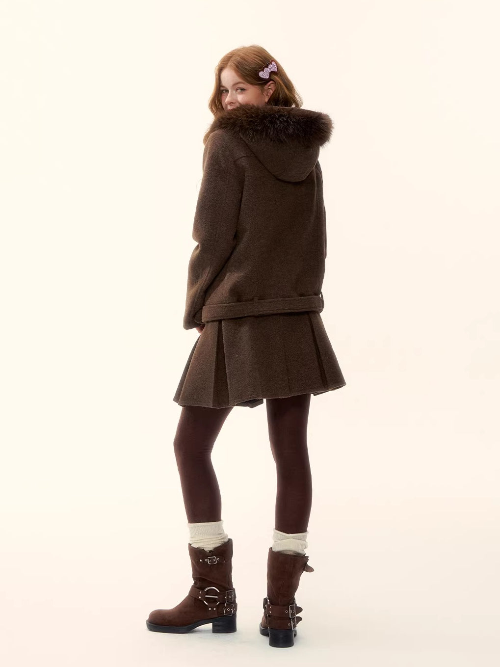 Coffee Hooded Wool Short Jacket &amp; Skirt Set