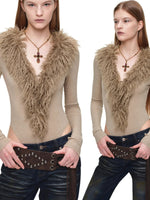 Lamb Fur V-Neck Knit Bodysuit
