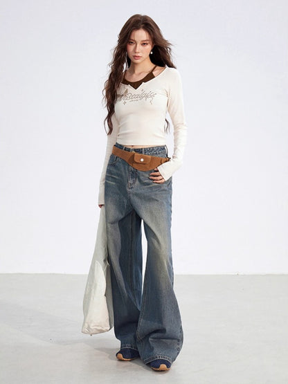 Leather-Patch Wide-Leg Denim Pants