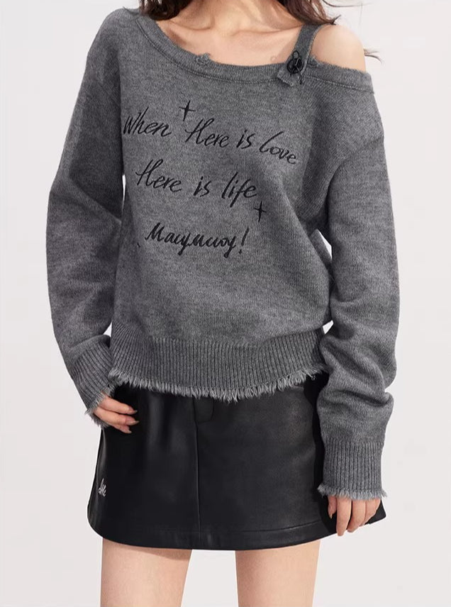 Off Shoulder Embroidered Distressed Sweater