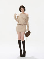 Asymmetric Fur Trim Cable Knit Dress