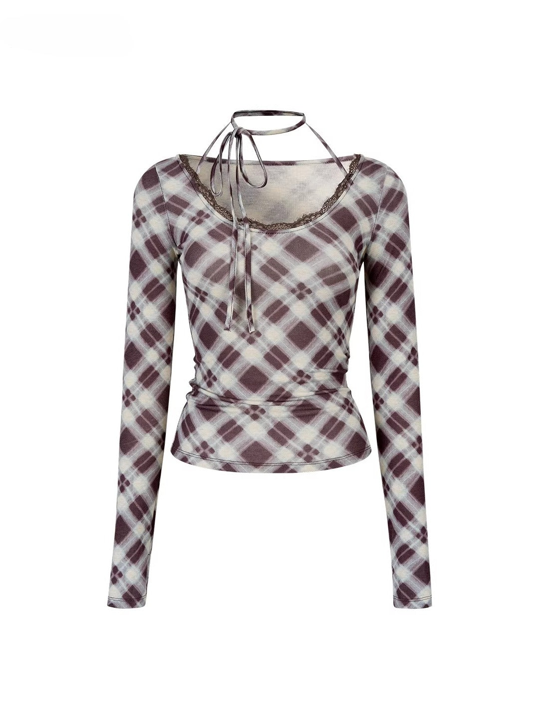 Plaid Tie-Up Neck Long-Sleeve T-shirt