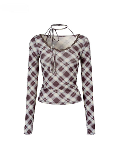 Plaid Tie-Up Neck Long-Sleeve T-shirt