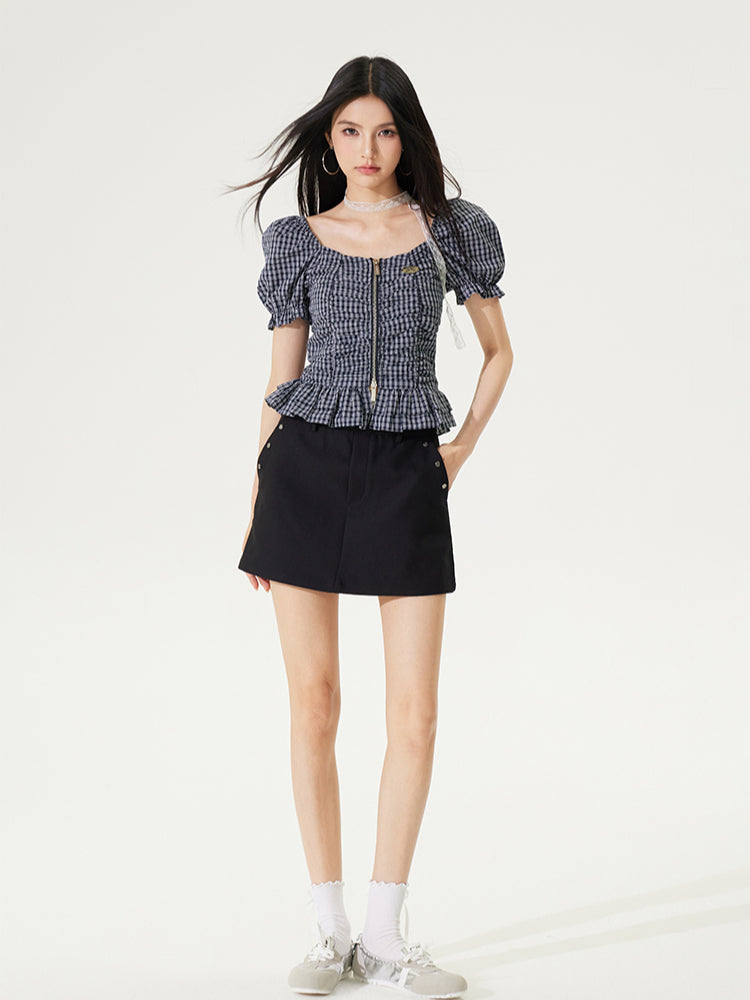 Puff Sleeve One-Word Collar Plaid Top