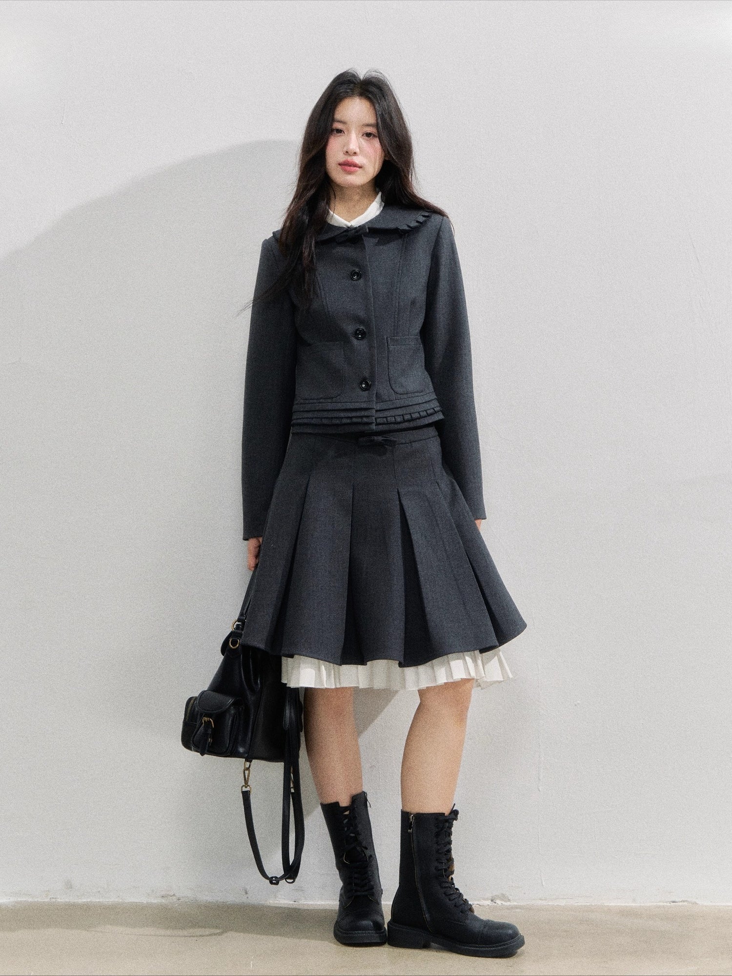 Charcoal College Blazer &amp; Pleated Skirt Set