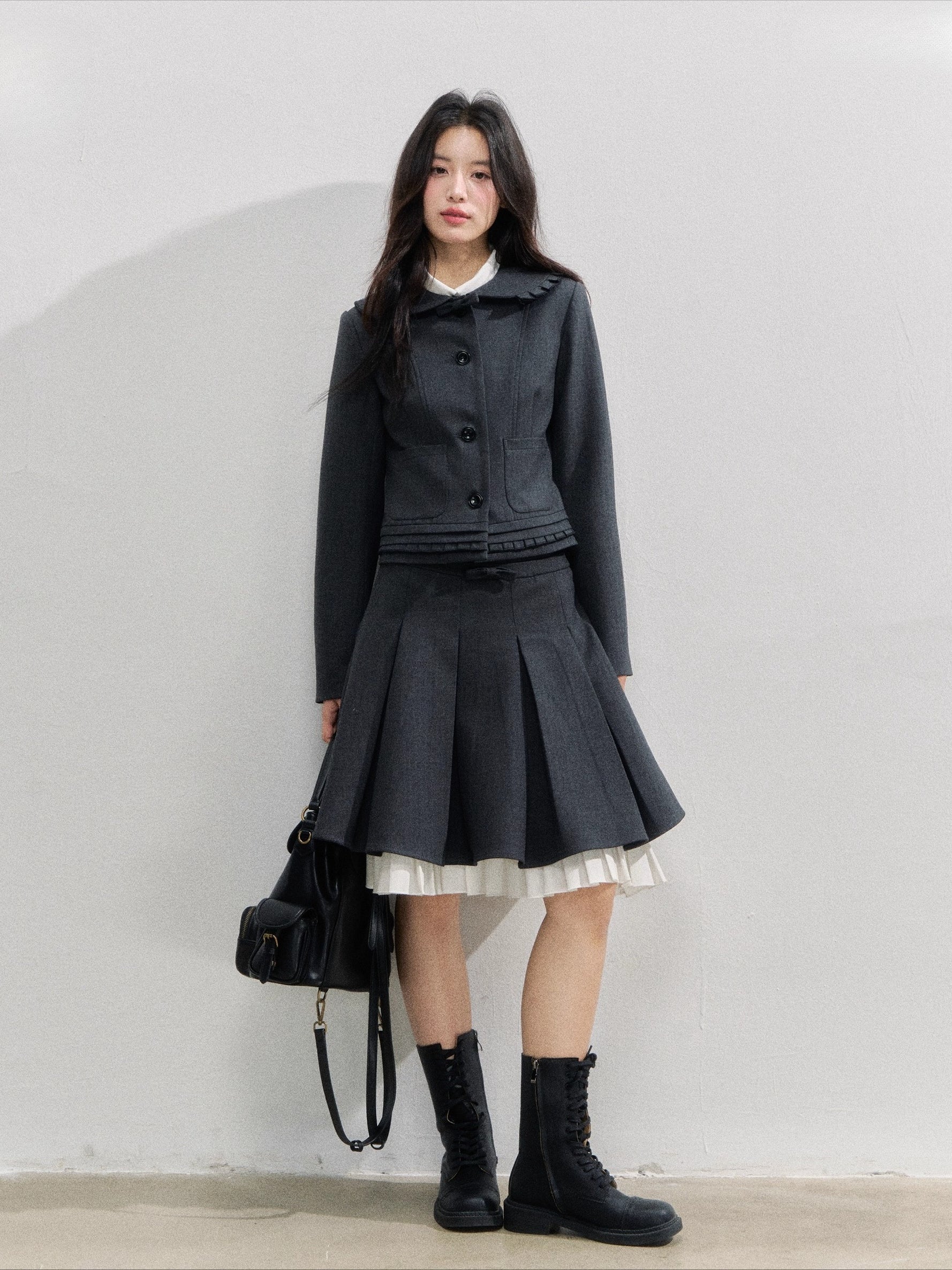 Charcoal College Blazer &amp; Pleated Skirt Set