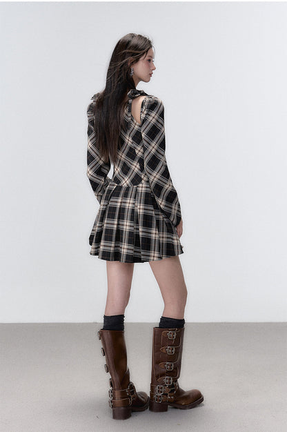 Black Plaid A-line Halter Mini Dress