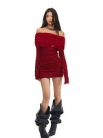 Red Off-Shoulder Mohair Knitted Dress