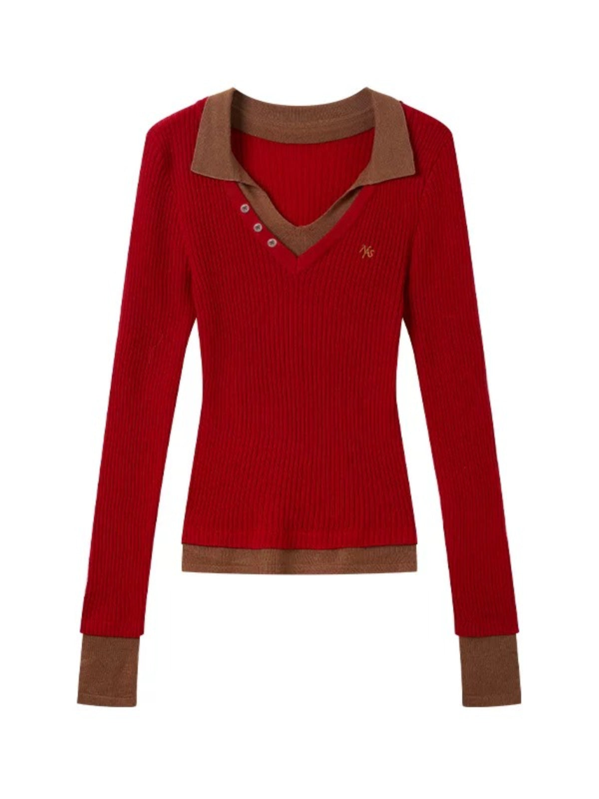 Contrast Layered V-Neck Wool Sweater