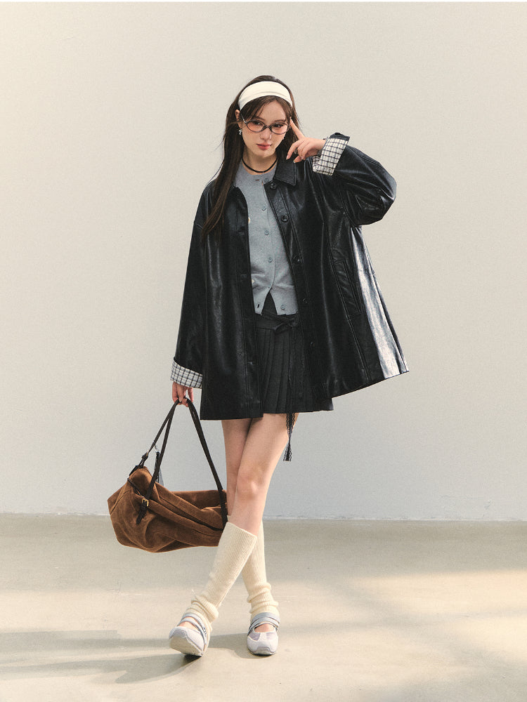 Black H-shaped Cuff Checkered Spliced Leather Jacket