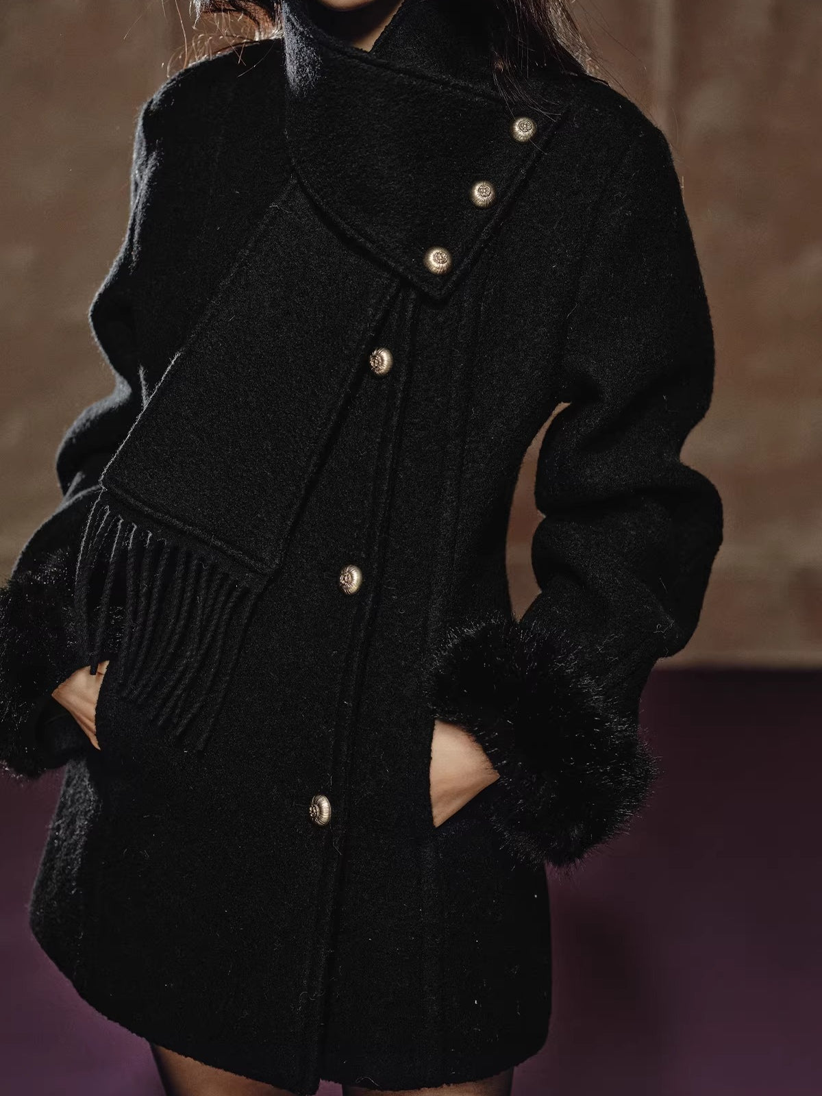 Black Wool Hourglass Coat &amp; Scarf Set
