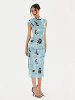 Light Blue Ink Floral Qipao Dress