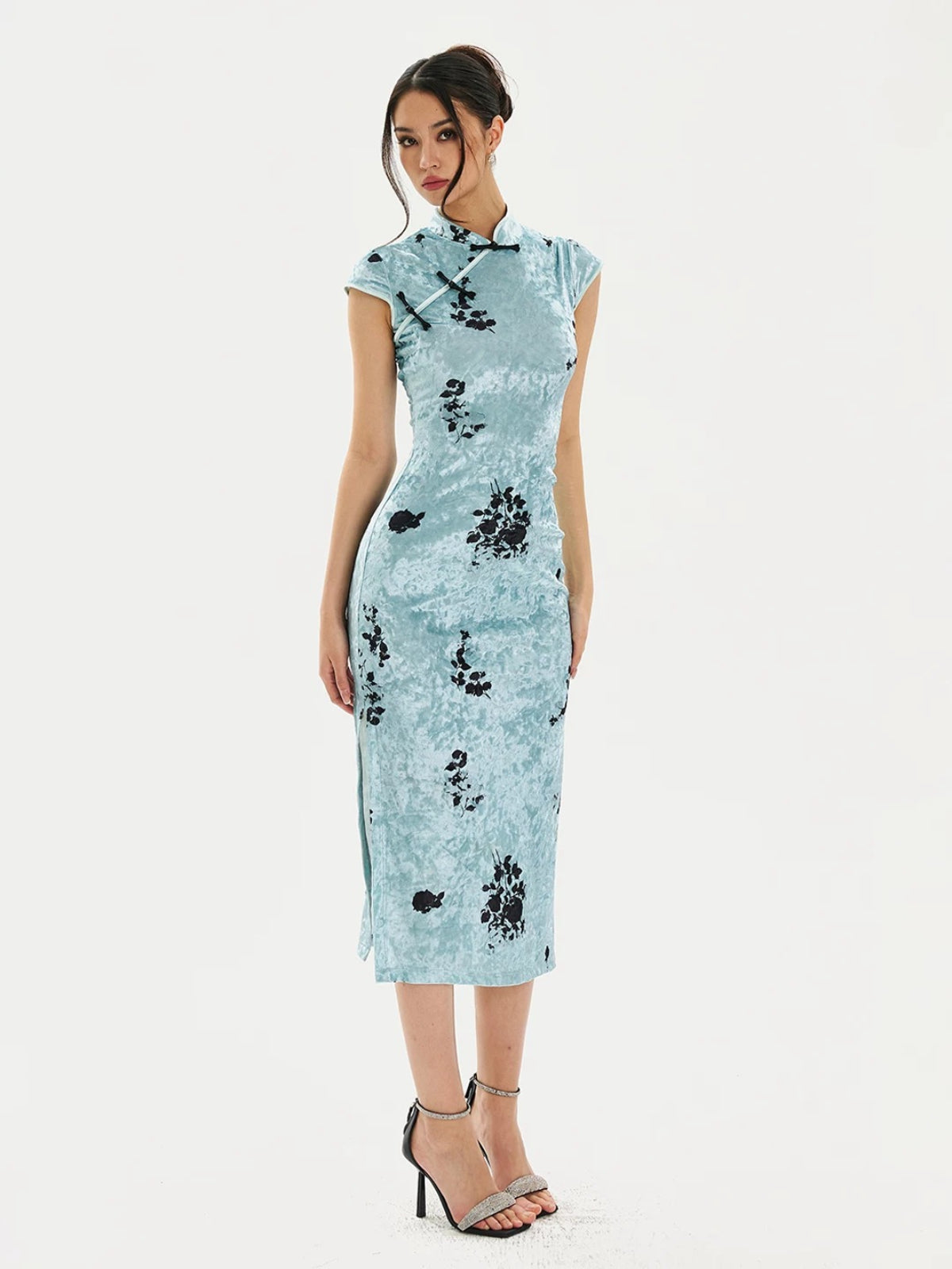 Light Blue Ink Floral Qipao Dress