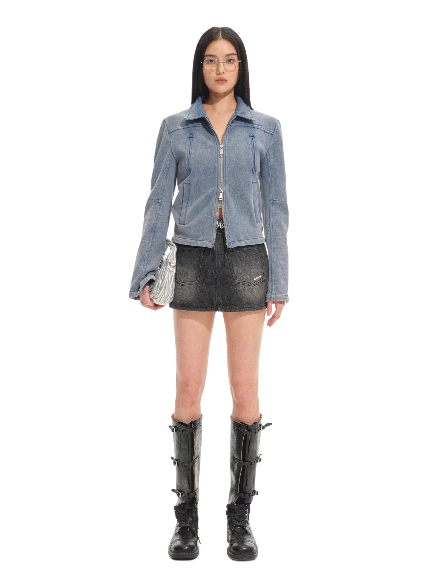 Classic Moto Collar Washed Cotton Knit Jacket