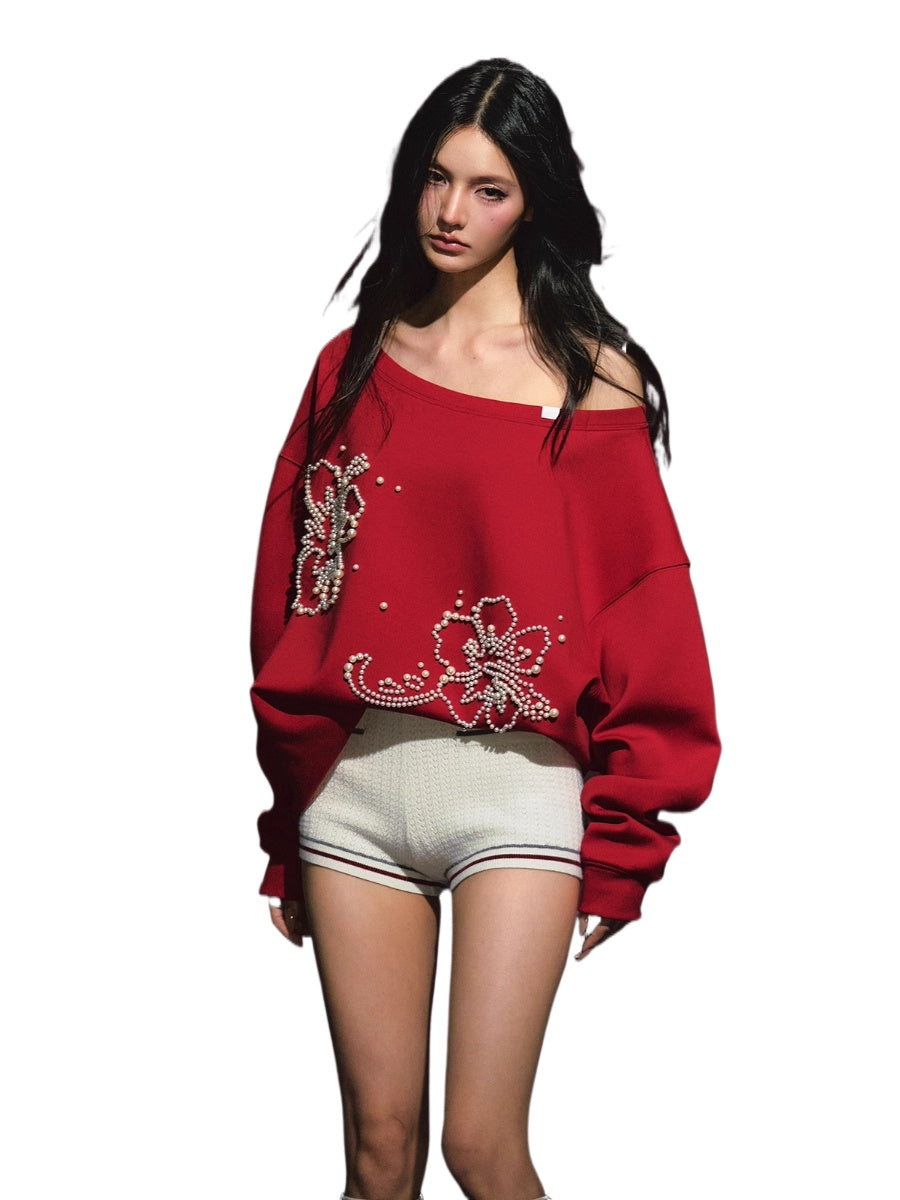 Pearl-Embellished Off-Shoulder Sweatshirt & Shorts Set