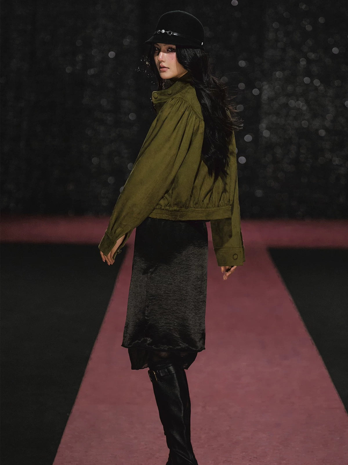 Ruched Stand Collar Faux Suede Jacket