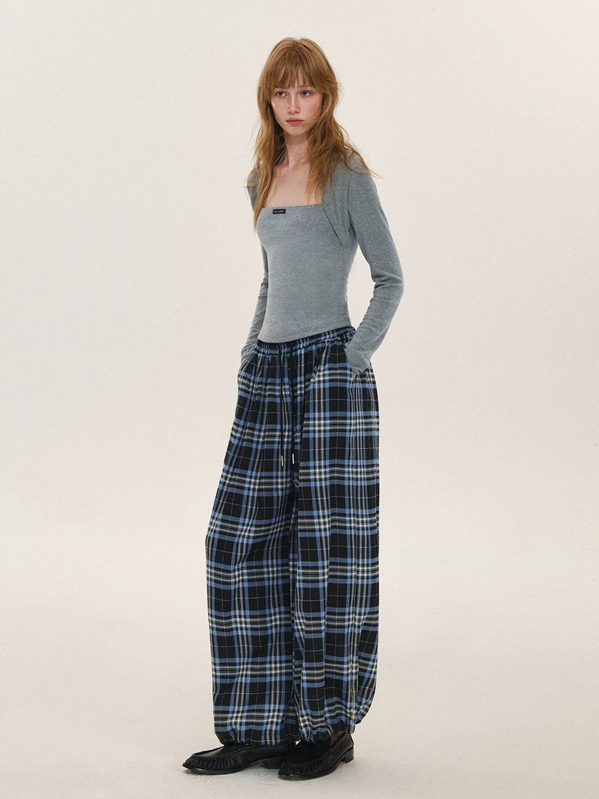 Vintage Plaid Drawstring Balloon Pants