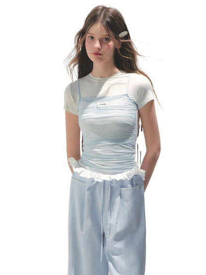 Contrast Color Fake Two-piece Mesh Lace Short-sleeve T-shirt