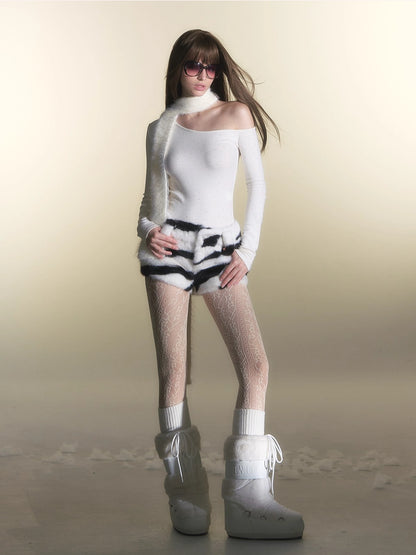 White Rhinestone Knit Off-Shoulder Slim-Fit T-Shirt