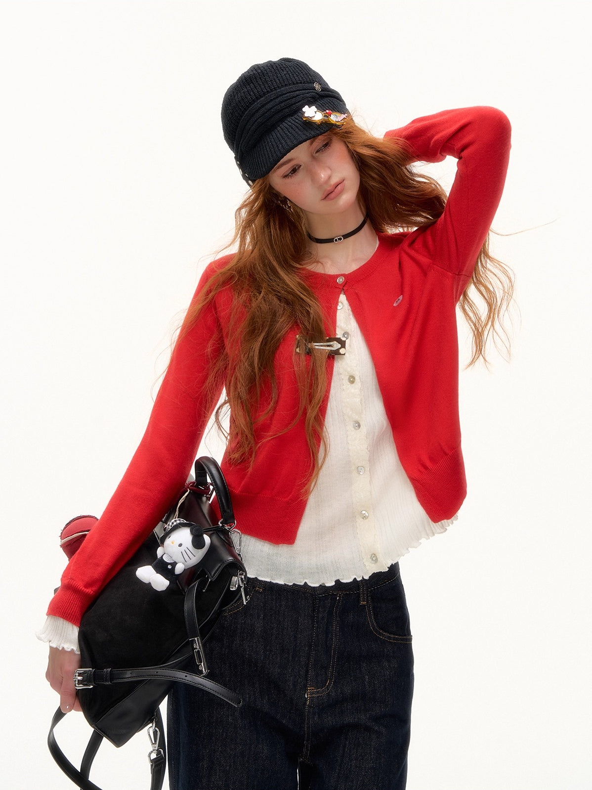 Contrast Mock-Layer Knit Cardigan