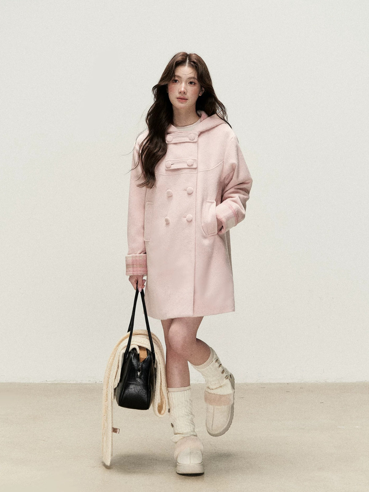 Plaid-Trim Hooded Double-Breasted Coat