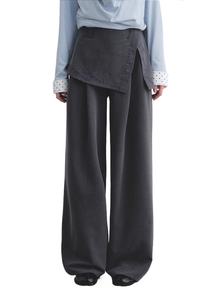 Gray Embroidered Curtain Panel Pants